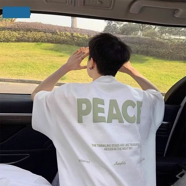 2025 Cotton American Letter Printed Short Men's T-shirt Oversized Loose Summer Trendy Half Sleeve_viptrois.com