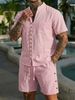 Men's Summer Shirt Set High Quality Button Decorated Shorts Stand Up Collar Solid Color Style_viptrois.com