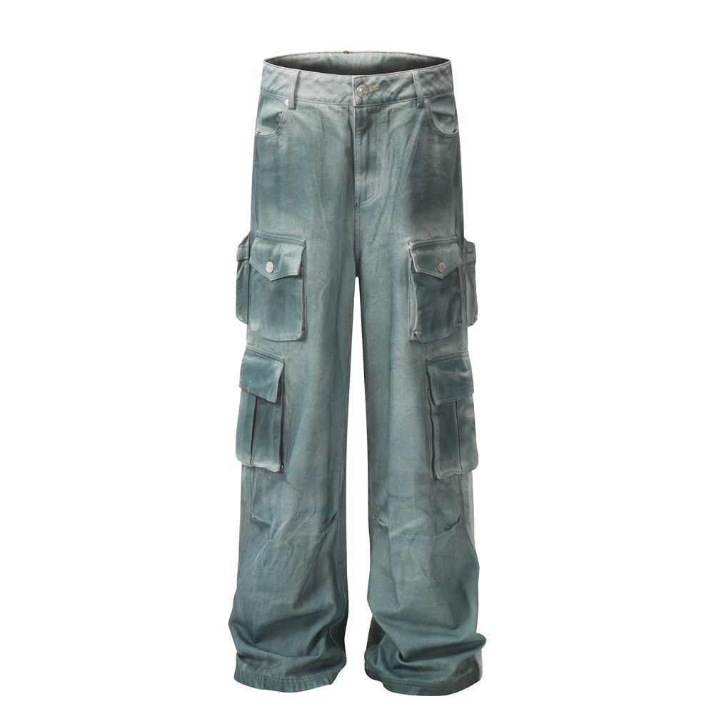 Multi-Pocket Patchwork Cargo Jeans For Men American Style High Waist Straight Pants Design Sense Ins Trend Floor-Length_viptrois.com