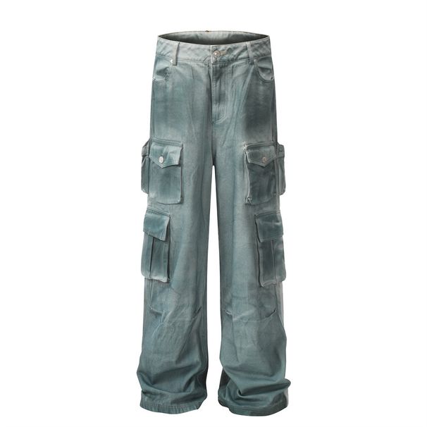 Multi-Pocket Patchwork Cargo Jeans For Men American Style High Waist Straight Pants Design Sense Ins Trend Floor-Length_viptrois.com