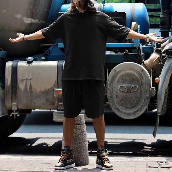 Men's Clothing Short Sleeved Suit Solid Color Round Neck Loose Casual T Shirt Suit_viptrois.com