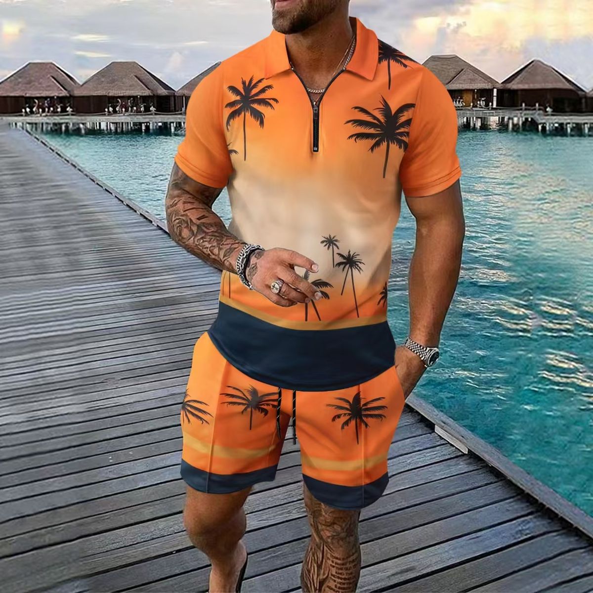 Men's Hawaiian Print Beach Set - Short Sleeve Shirt & Matching Shorts | Coconut Tree Design Summer Outfit_viptrois.com