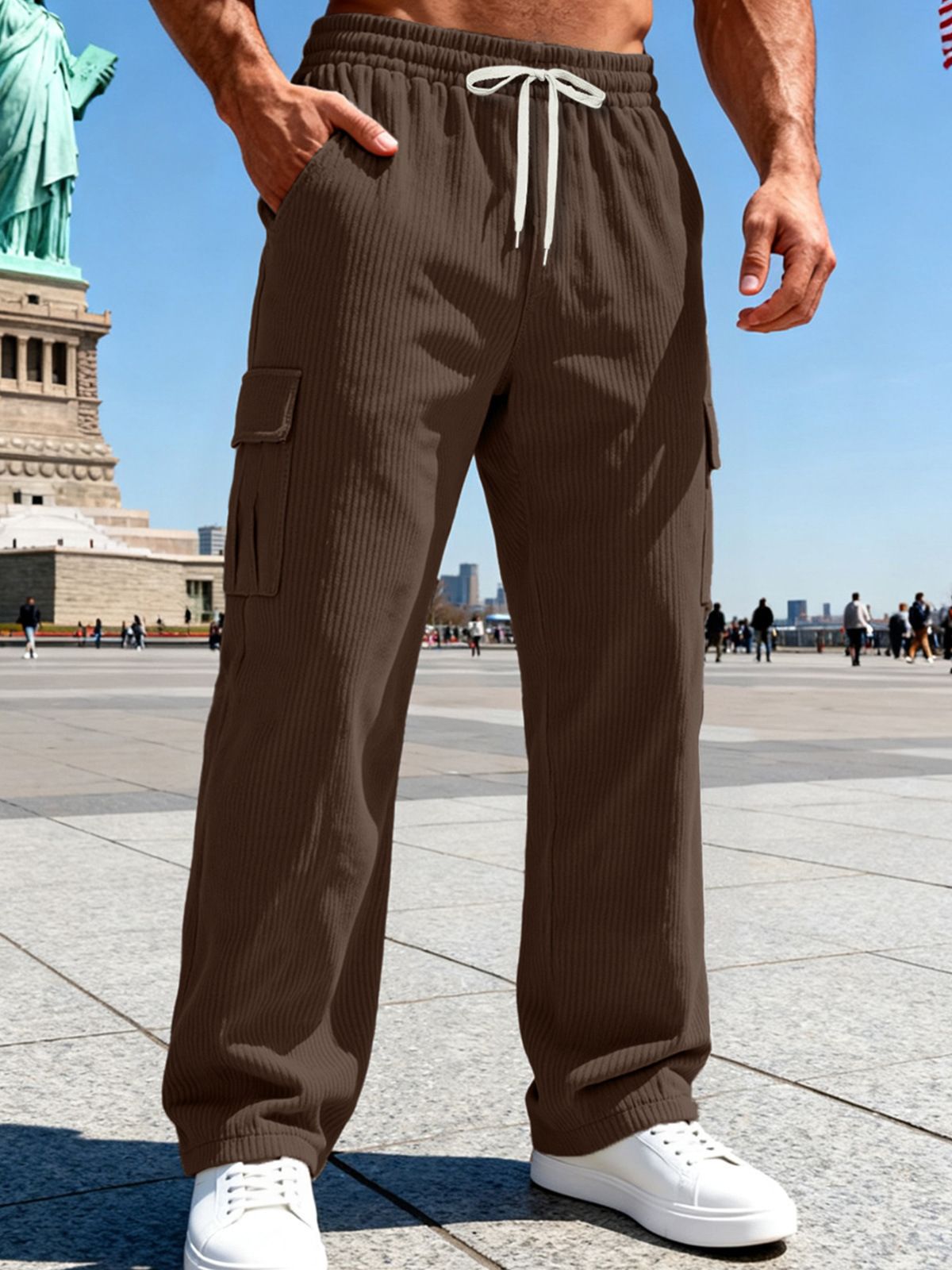 Men's Heavyweight Retro Corduroy Workwear Pants - Relaxed Fit, Multi-Pocket, High Waist, Straight Leg For Casual & Urban Style_viptrois.com