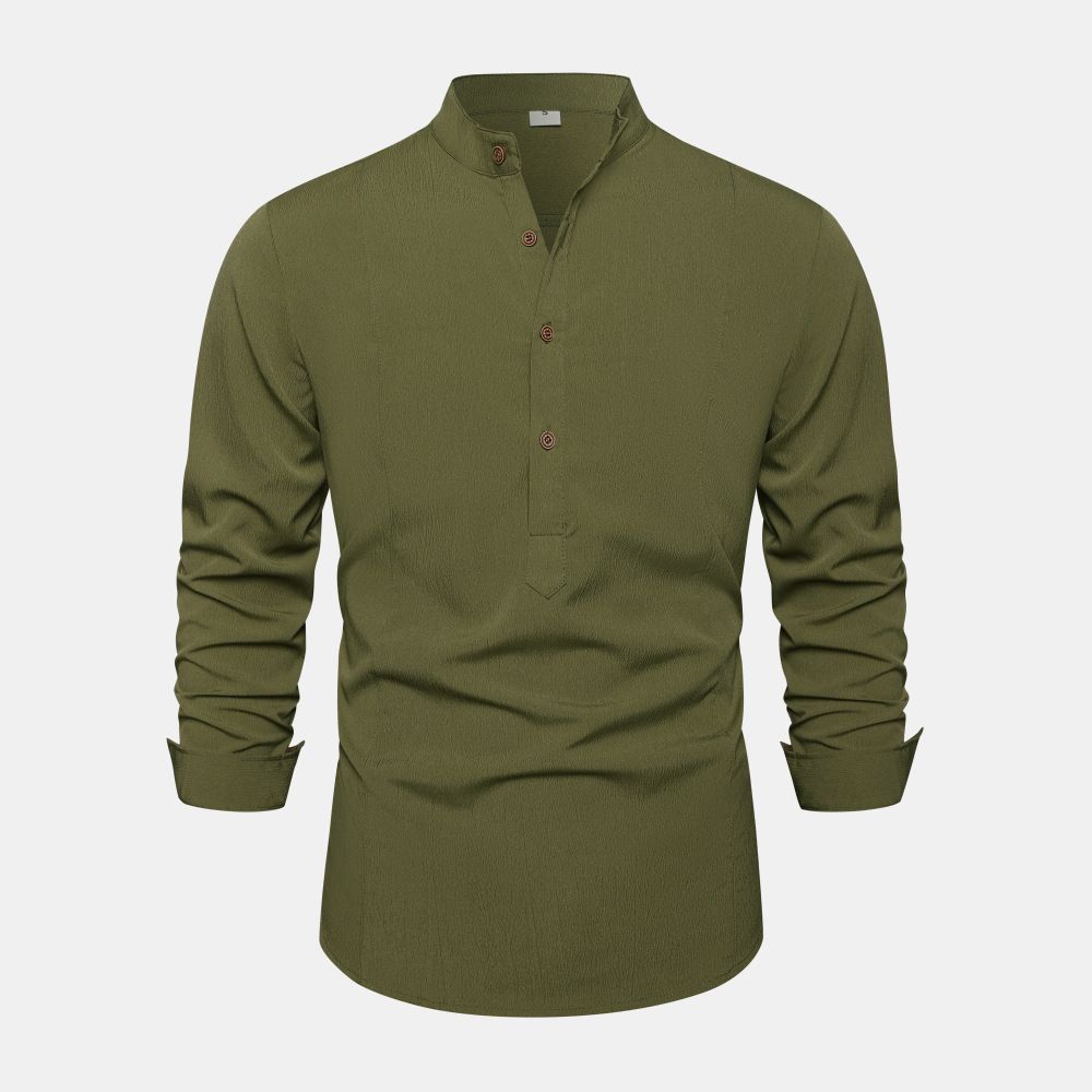 2023 European Fashion Solid Standing Neck Casual Long sleeved Cotton Linen Men's Trendy Shirt_viptrois.com