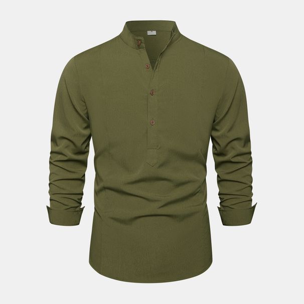 2023 European Fashion Solid Standing Neck Casual Long sleeved Cotton Linen Men's Trendy Shirt_viptrois.com