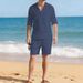 Men's Linen Long Sleeve Casual Top And Five Quarter Shorts Fashion Set_viptrois.com