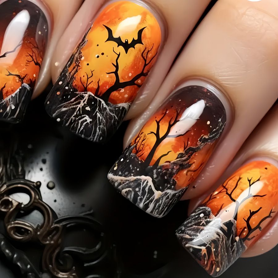 European And American Wearable Nails Sweet Cool Dark Bat Dead Tree European Square Short False Nails Finished Product_viptrois.com