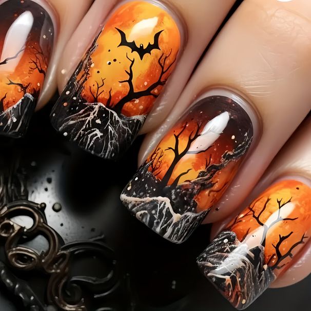 European And American Wearable Nails Sweet Cool Dark Bat Dead Tree European Square Short False Nails Finished Product_viptrois.com