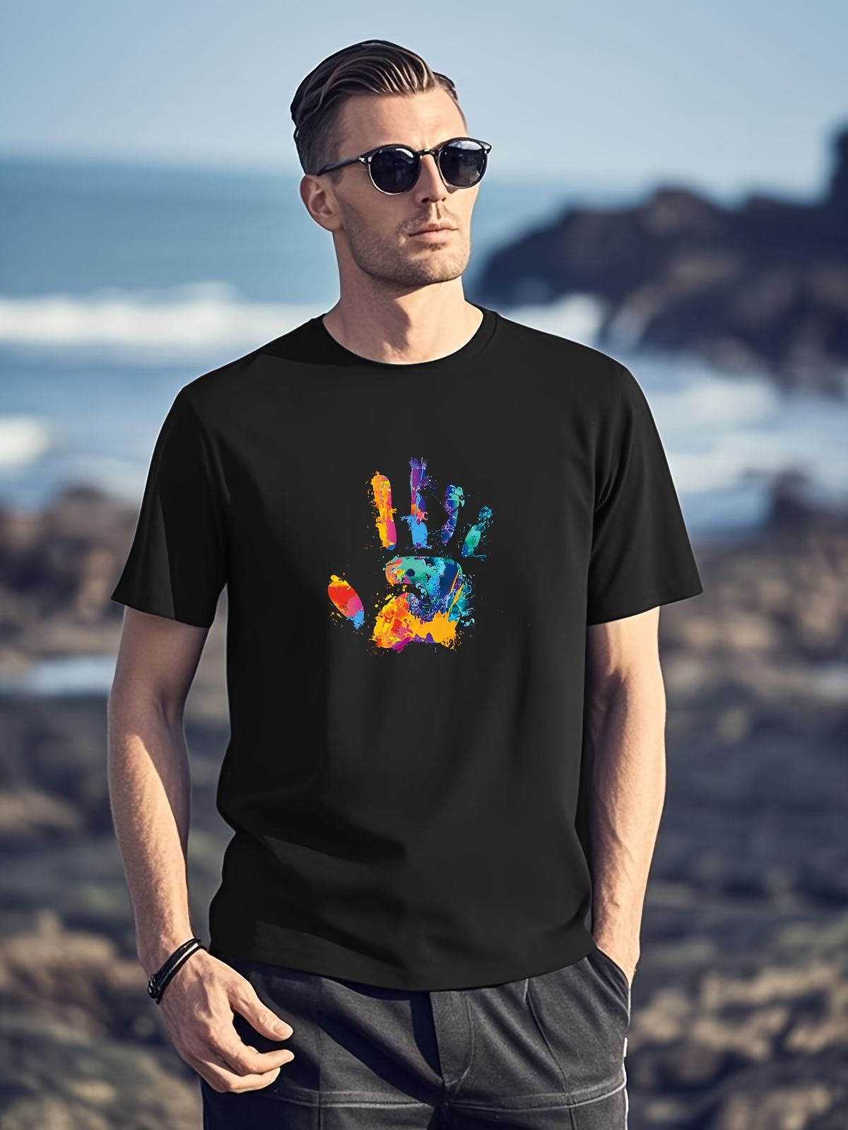 Maglietta 180g Cotone Puro Stampa Mani Colorate Basic Quattro Stagioni, Stile Vintage Streetwear Americano Unisex Per Coppie E Strato Base Casual_viptrois.com