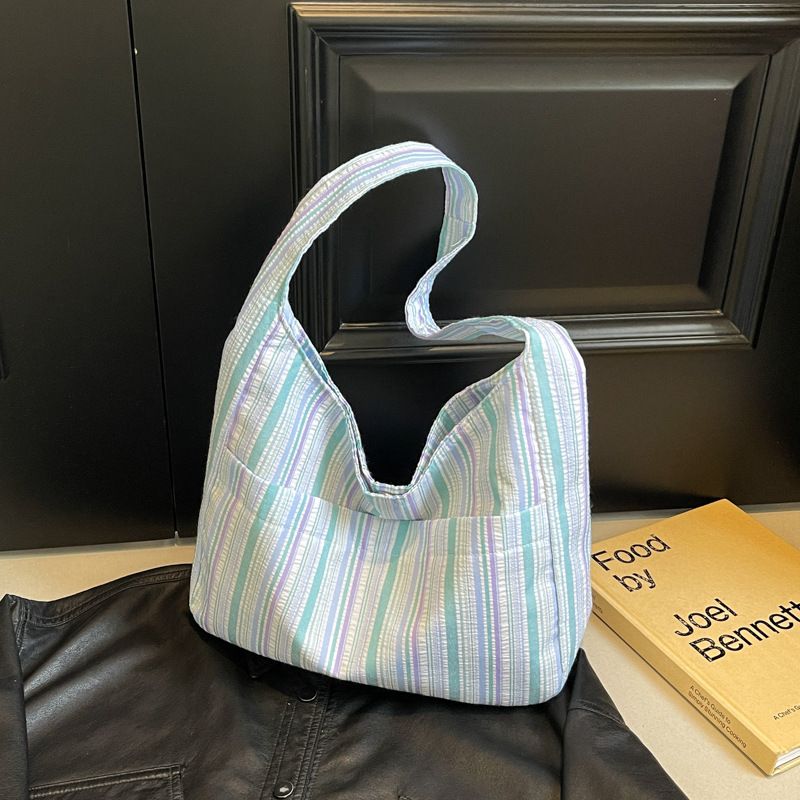 Women's Shoulder Bags Pleated Striped Cloth Bag, Hand-held Bento Bag, Storage Bag, Large-capacity, Fresh And Simple Single-shoulder Bag_viptrois.com