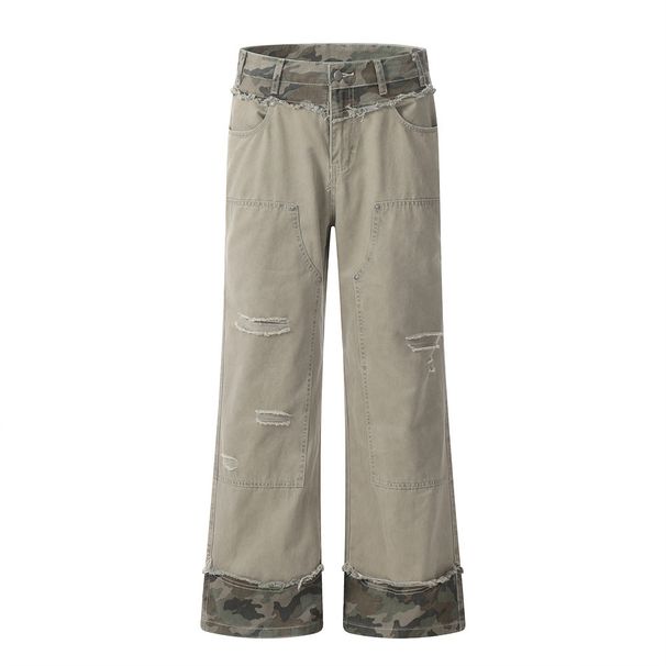 Raw Edge Patchwork Camouflage Jeans Men's American Punk Washed Distressed Loose Straight Long Pants Trendy_viptrois.com
