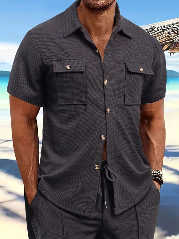 Men's Clothing Summer European And American Men's Waffle Short Sleeved Casual Solid Color Lapel Button Pocket Versatile Shirt_viptrois.com