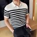 Summer Men's Ice Silk Thin Polo Shirt V Neck Short Sleeve Knitted Horizontal Striped Turn down Collar Trendy T-Shirt_viptrois.com
