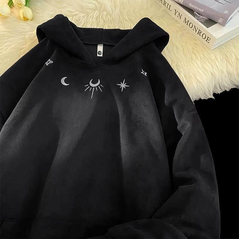 Men's Suede-Like Embroidered Hoodie – High Street Fashion Pullover With Ribbed Hem & Side Pockets, Oversized Fit (M-3XL, Grey/Black/Beige)_viptrois.com