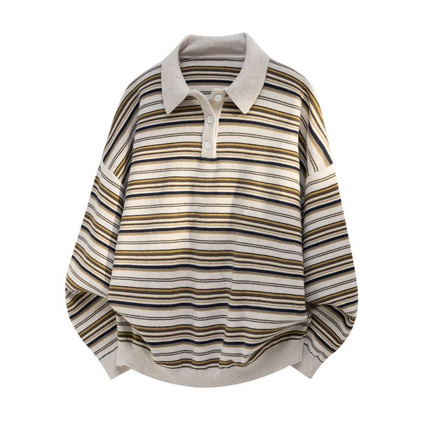 Pure Japanese Retro Color-Block Striped Turn-Down Collar Sweater For Men, Autumn Couple Loose Two-Piece Long Sleeve Polo_viptrois.com