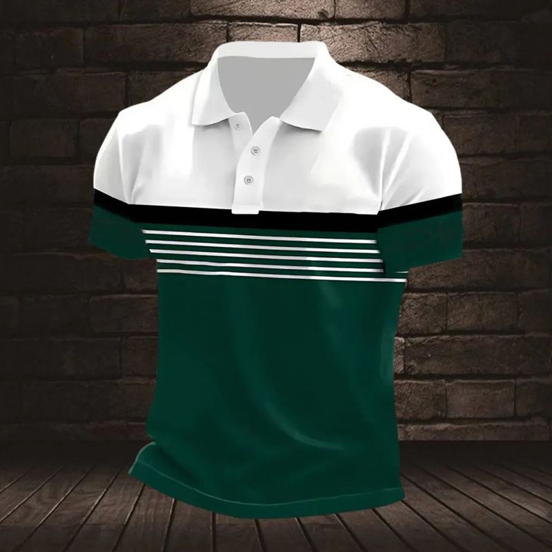Men's Clothing Men's Slim Fit Polo Shirt Ribbed Striped Lapel Button Solid Color Splicing T Shirt Top_viptrois.com