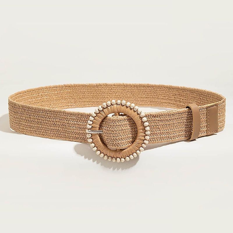 1pc Frauen Runde Schnalle Boho Stroh Gürtel Für Strand Ellipse Schnalle Perle Dekor Böhmischen Woven Gürtel Für Urlaub_viptrois.com