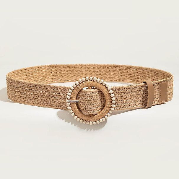 1pc Frauen Runde Schnalle Boho Stroh Gürtel Für Strand Ellipse Schnalle Perle Dekor Böhmischen Woven Gürtel Für Urlaub_viptrois.com