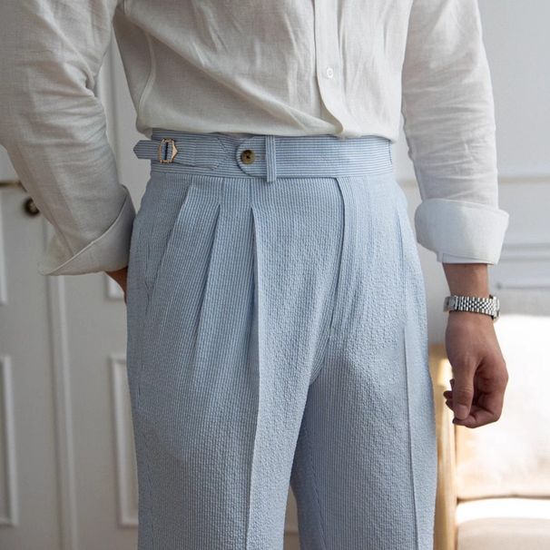 Men's Clothing Summer Men's Suit Pants, Seersucker High Waist Straight Pants, British Petty Blue Striped Italian Casual Trousers_viptrois.com