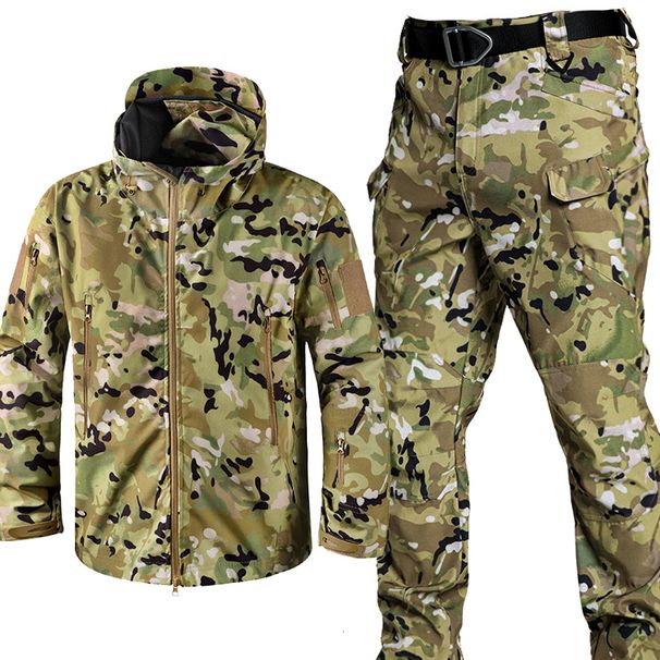 Men's Shark Skin Windbreaker And Pants Set Spring/Autumn In Stock Elastic Multi Pocket Waterproof And Windproof Single Style Outdoor Sport Wear_viptrois.com