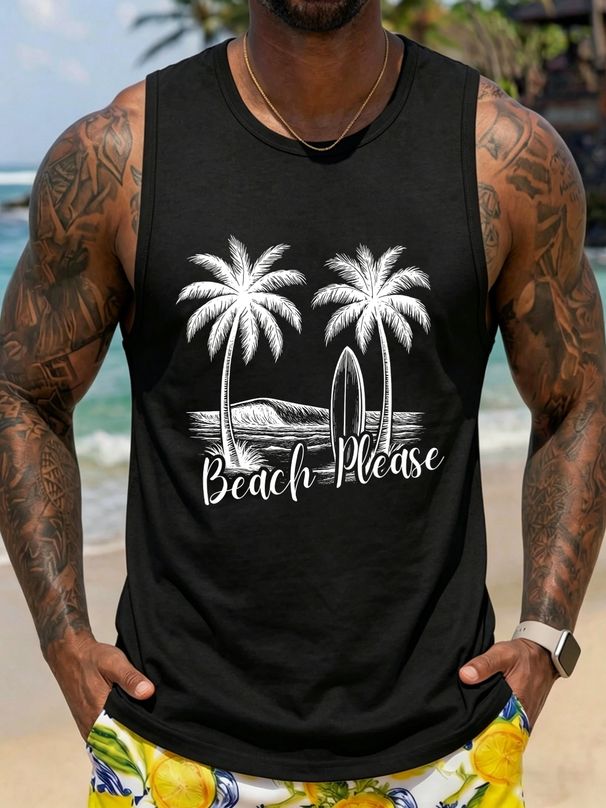 Canotta Uomo Girocollo 100% Cotone Stampa Palme Tavola Surf Morbida Traspirante Senza Maniche Vacanze Quotidiano Estivo Casual Multicolore_viptrois.com