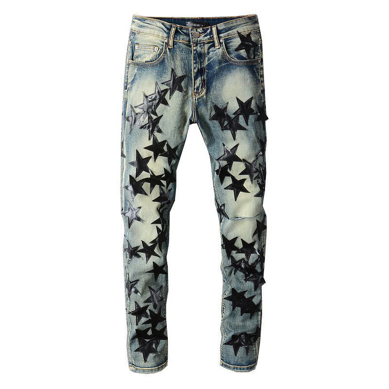 Men's Clothing American Style Trendy Jeans For Young Men Elastic High Craft Leather Star Slim Fit Men's Skinny Jeans 694_viptrois.com