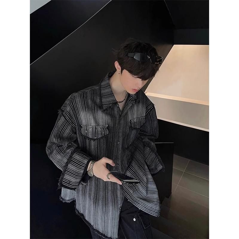 Oversized Striped Shirt Men's Long Sleeve Casual Shirt Jacket - Comfortable Loose Fit Fashion Top For Teen Boys (M-3XL, Black)_viptrois.com