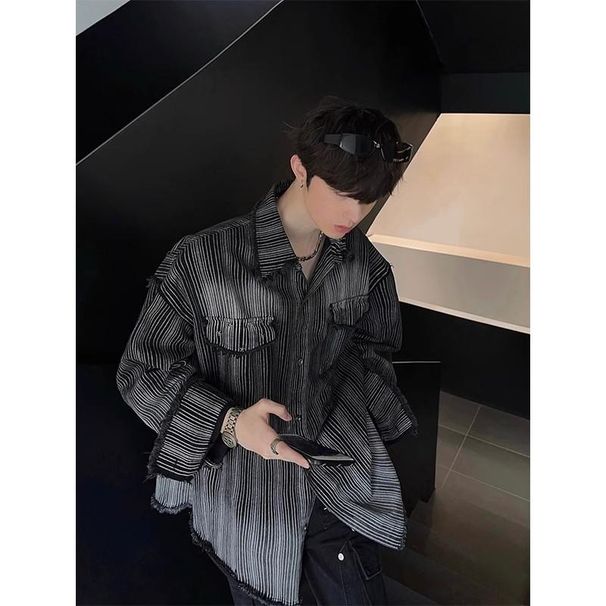 Oversized Striped Shirt Men's Long Sleeve Casual Shirt Jacket - Comfortable Loose Fit Fashion Top For Teen Boys (M-3XL, Black)_viptrois.com