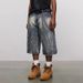 Lightning Pattern Floral Denim Cropped Shorts 14oz Over The Knee Casual Mid Length Pants Wide Leg Shorts Men's Trend_viptrois.com