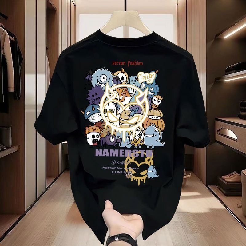 Men's Clothing Cotton Short Sleeved T Shirt Men's Trendy Brand Ins Loose Casual Round Neck Printed T Shirt Hong Kong Style Trendy Half Sleeve_viptrois.com