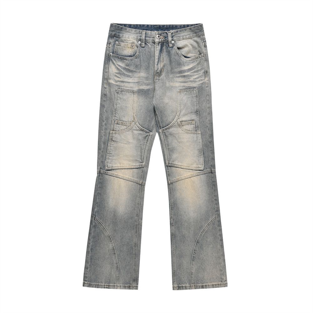 Men's Clothing Trend Micro Flared Jeans Men's Patch Pocket Split Patchwork Washed Wide-leg Pants_viptrois.com