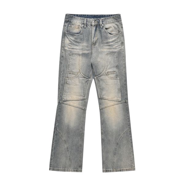 Men's Clothing Trend Micro Flared Jeans Men's Patch Pocket Split Patchwork Washed Wide-leg Pants_viptrois.com