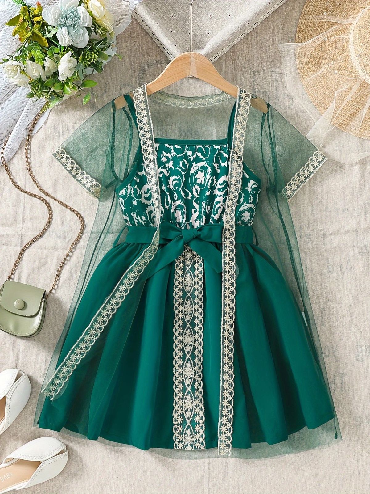 Mother & Kids European and American spring and summer style ins style girls' mesh outer shawl + suspender dress suit cross-border exclusive supply_viptrois.com