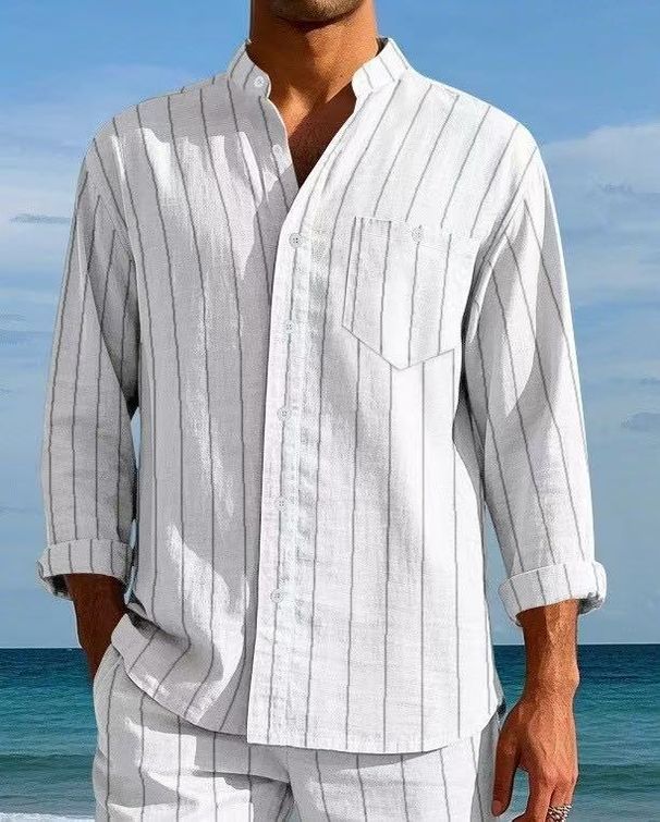 Cross-Border New European And American Striped Long-Sleeve Loose Linen Shi Casual Fashion Spos Versatile Men's_viptrois.com