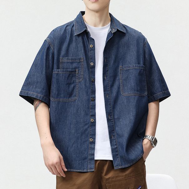Men's Clothing Fashion Loose Washed Denim Short Sleeved Shirt Trendy Street Wear Short Sleeved Shirt_viptrois.com