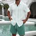 Men's Summer Casual Two Piece Set Blue And White Striped Short Sleeve Shirt And Shorts High-End Style_viptrois.com