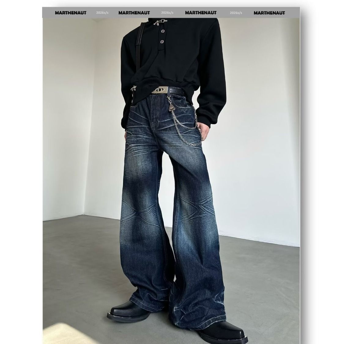 Slub Texture Curved Hem Denim Jeans Unisex Straight Leg Vintage Washed Distressed Casual Pants Unisex Straight Leg Cut_viptrois.com