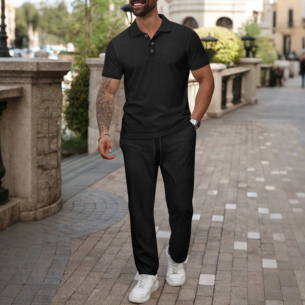 Men's Clothing Summer New Men's Solid Color Jacquard Lapel Button Short Sleeved Polo Shirt Trousers Casual Suit_viptrois.com