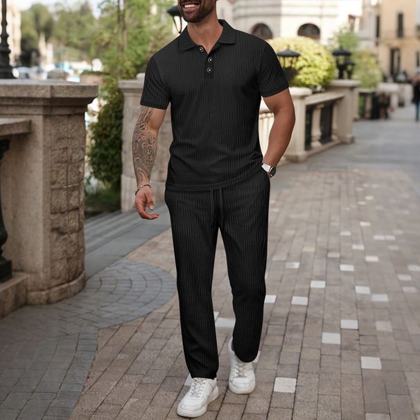 Men's Clothing Summer New Men's Solid Color Jacquard Lapel Button Short Sleeved Polo Shirt Trousers Casual Suit_viptrois.com