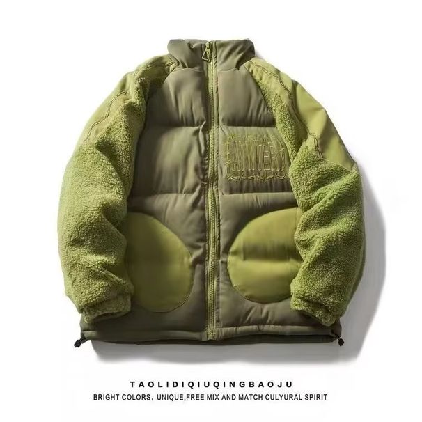Men's Clothing retro lamb wool patchwork workwear cotton jacket men couple casual warm design sense puffer jacket_viptrois.com