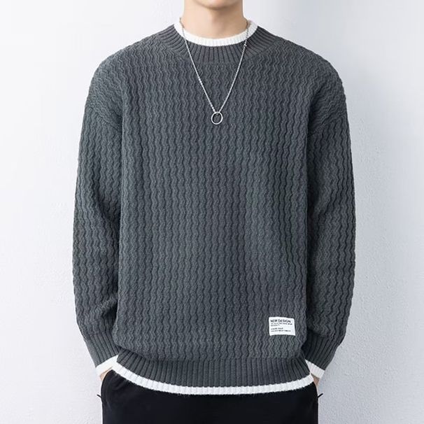 Color Blocked Sweater For Warmth, New Round Neck Knitted Sweater With Thick Fleece And A Base Layer Of Thread_viptrois.com