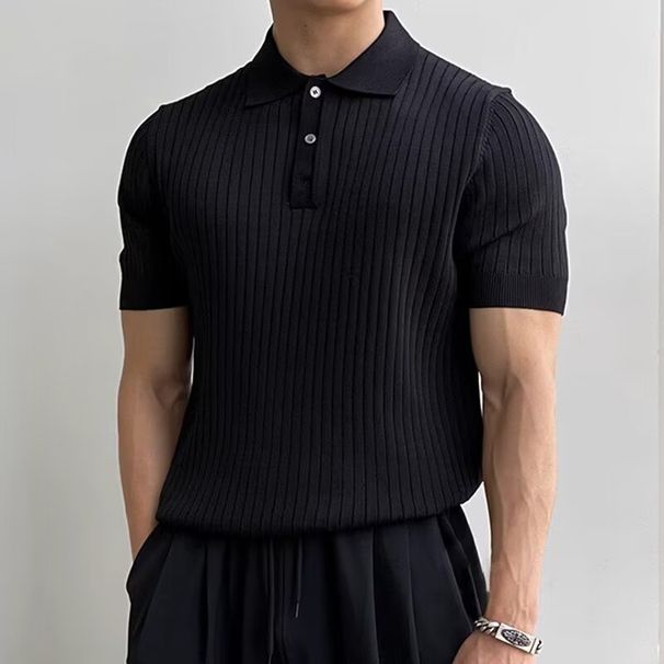 Men's Clothing Knitted Short Sleeved Summer Trendy High End Casual Tops Fashionable Simple Lapel Sweater_viptrois.com