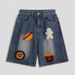 Men's Summer Thin Loose Denim Shorts High Street Style American Trendy And Cool Five Point Embroidery with Hamburger Fries Towel_viptrois.com