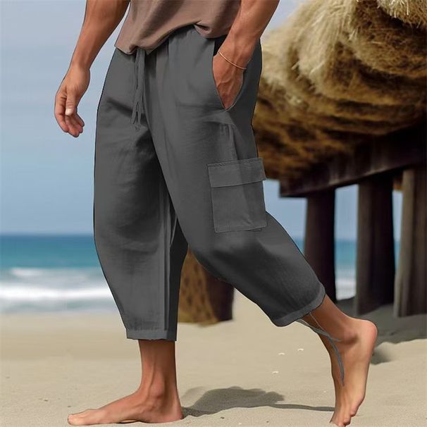 Cross-Border European And American New Style Solid Color Versatile Beach Men's Linen Cotton Pocket Decoration Wide_viptrois.com