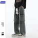 Men's Retro Style Wide Leg Jeans Loose Fit Trendy Cargo Pants High Street Multi Pocket Casual Functional Mid Waist Black Blue_viptrois.com
