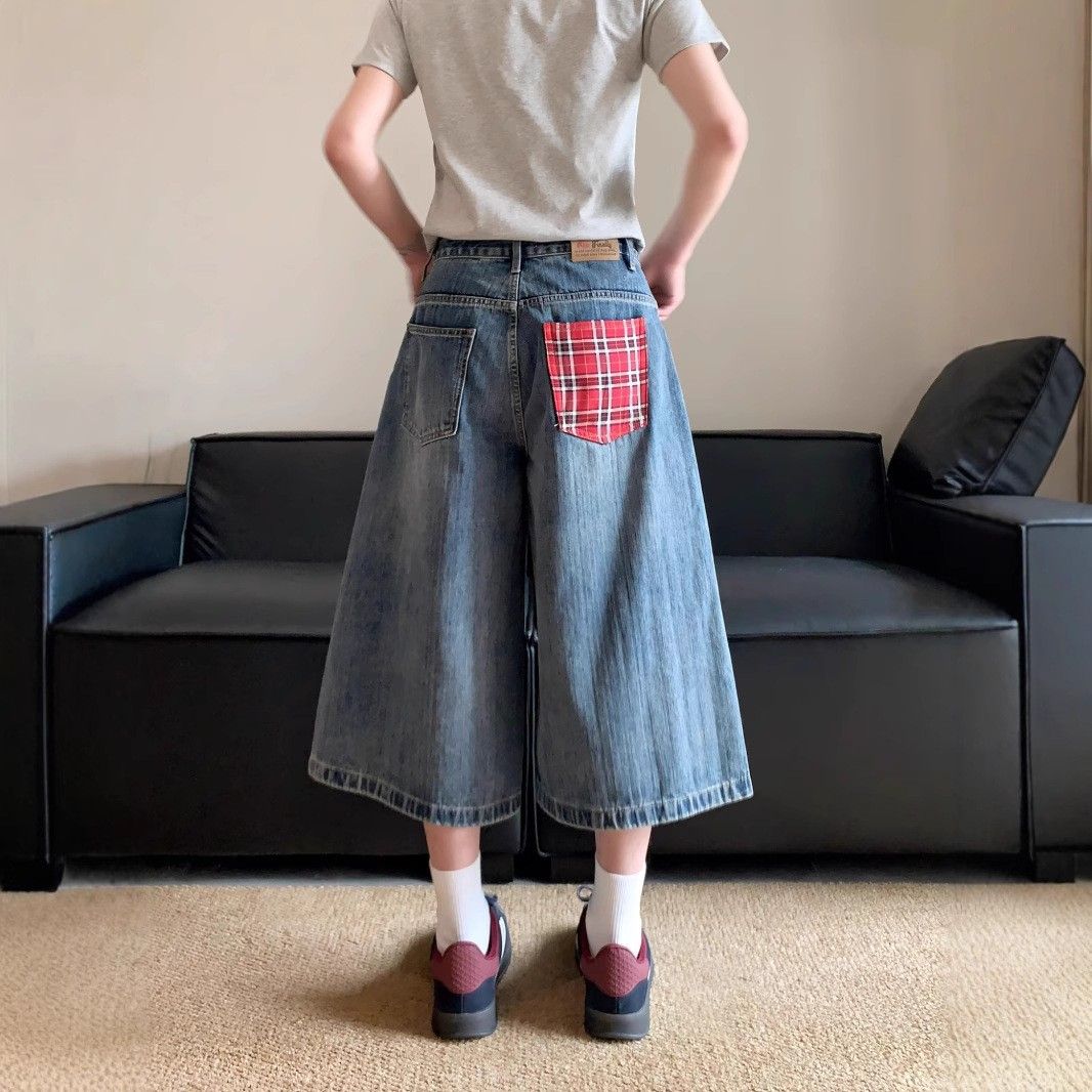 Men's Clothing Plaid Patchwork Denim Shorts New Style Niche High Waist Loose Versatile Slim Straight Leg Cropped Pants Trend_viptrois.com