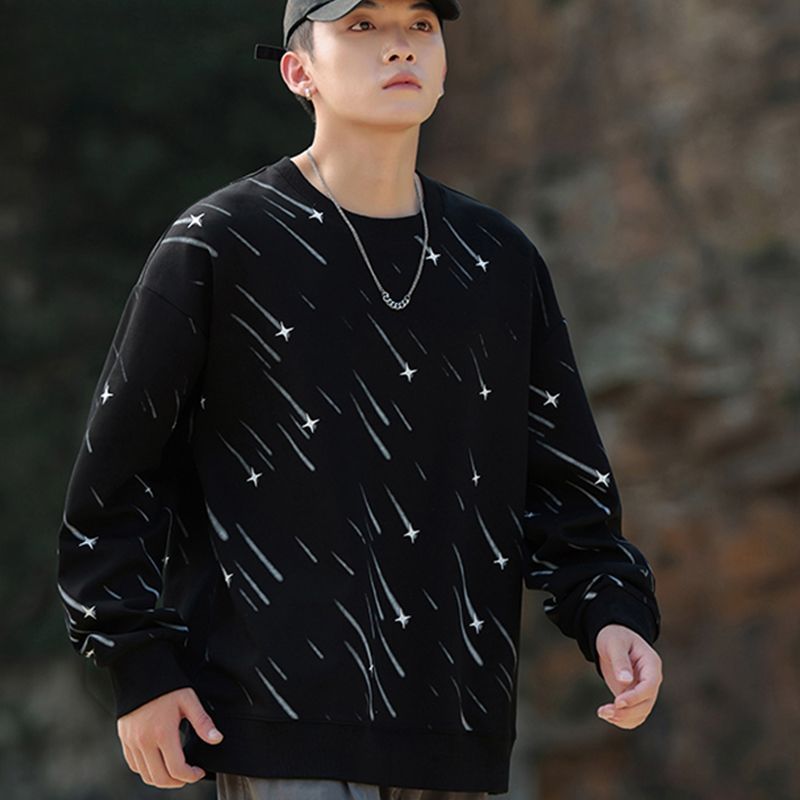 Sweater Fashion Youth Spring And Autumn New Crew Neck Trend Printed Long Sleeve Men's Casual Loose Bottom Top_viptrois.com
