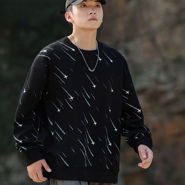 Sweater Fashion Youth Spring And Autumn New Crew Neck Trend Printed Long Sleeve Men's Casual Loose Bottom Top_viptrois.com