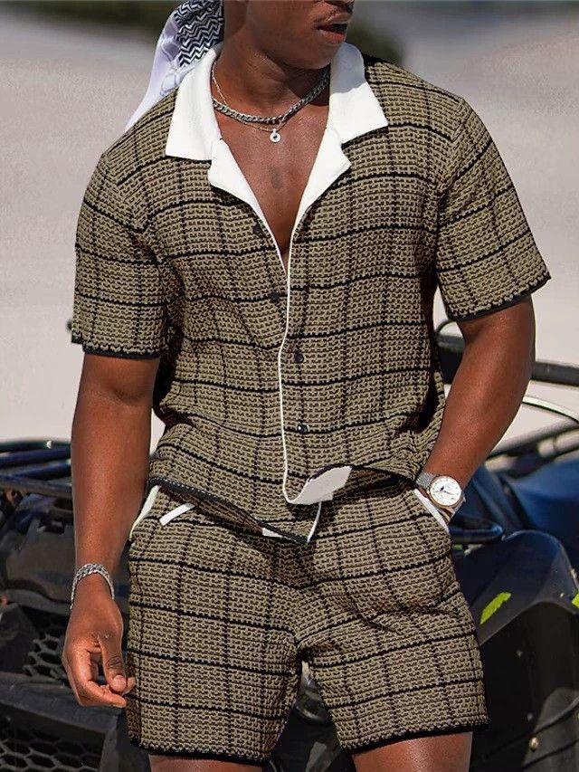 Men's Short Sleeve Plaid Shirt & Shorts Set - Casual Print Shirt With Collar Summer Outfit_viptrois.com