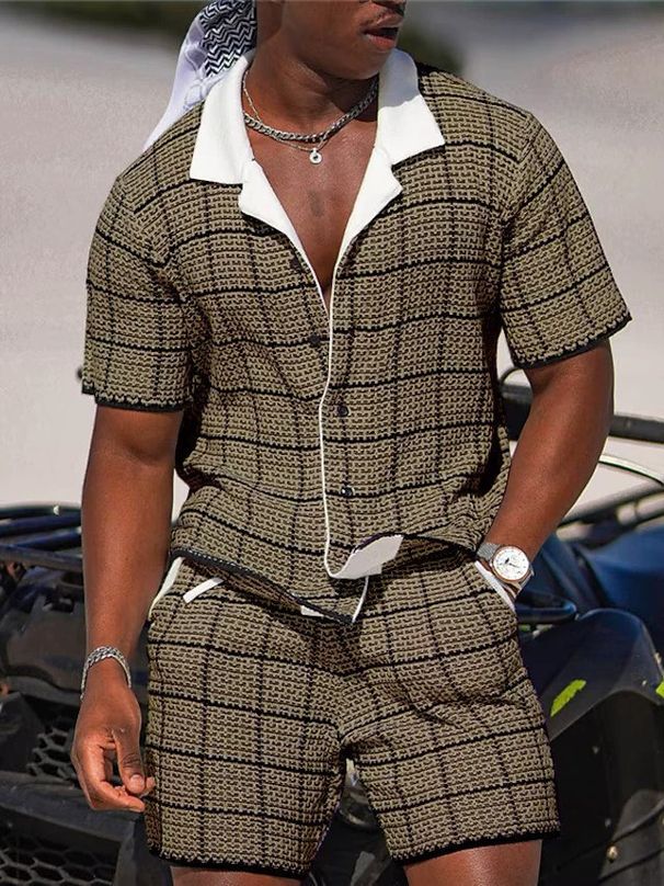 Men's Short Sleeve Plaid Shirt & Shorts Set - Casual Print Shirt With Collar Summer Outfit_viptrois.com